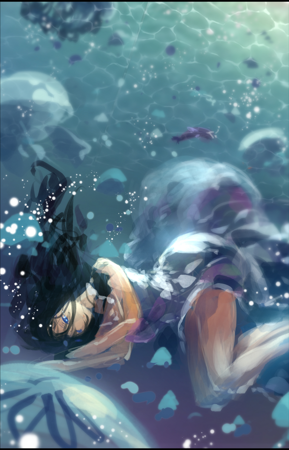1girl bare_shoulders black_hair blue_eyes blue_theme bubble closed_mouth cluseller dress fish hair_between_eyes half-closed_eyes highres jellyfish legs_together letterboxed long_hair lying on_side original sketch solo underwater white_dress