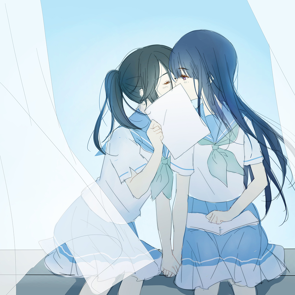 black_hair blue_hair blue_sailor_collar blue_skirt closed_eyes green_neckwear hibike!_euphonium holding holding_hands holding_paper implied_kiss kasaki_nozomi kiss kitauji_high_school_uniform liz_to_aoi_tori long_hair neckerchief paper pleated_skirt ponytail red_eyes sailor_collar school_uniform serafuku shirt short_sleeves sitting skirt uniform whiisky white_shirt yoroizuka_mizore yuri