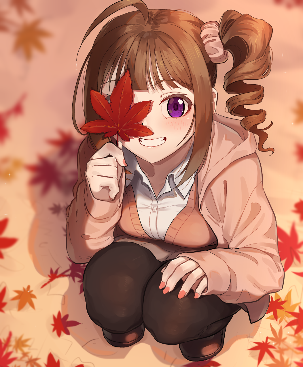 1girl ahoge autumn autumn_leaves bangs black_legwear blunt_bangs blurry blurry_background blush breasts brown_cardigan brown_footwear brown_hair brown_jacket brown_legwear brown_scrunchie brown_skirt buttons cardigan collared_shirt commentary_request covering_one_eye day depth_of_field dress_shirt drill_hair fingernails full_body grin hair_ornament hair_scrunchie hand_on_own_knee hand_up highres holding holding_leaf hood hood_down hooded_jacket idolmaster idolmaster_million_live! jacket kamille_(vcx68) leaf light_particles long_sleeves looking_at_viewer maple_leaf medium_breasts medium_hair miniskirt nail_polish open_clothes open_jacket outdoors pantyhose red_nails scrunchie shadow shirt shoes side_ponytail sidelocks skirt sleeves_past_wrists smile solo squatting violet_eyes white_shirt yokoyama_nao