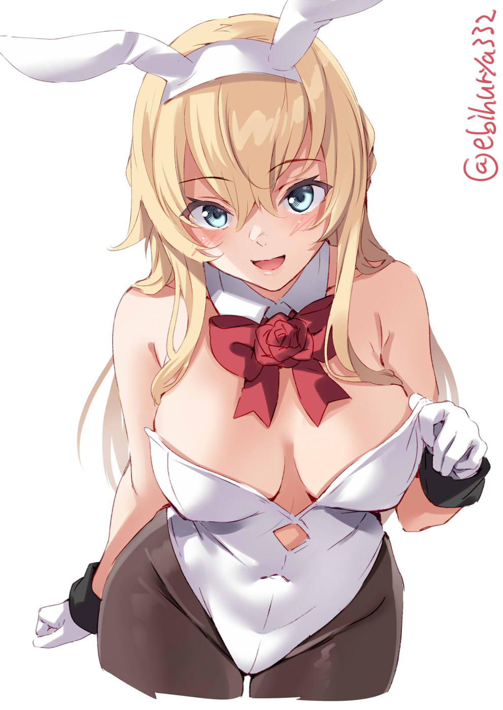 1girl :d animal_ears black_legwear blonde_hair blue_eyes blush braid breasts breasts_apart cropped_legs detached_collar ebifurya eyebrows_visible_through_hair fake_animal_ears flower french_braid gloves hair_between_eyes highres kantai_collection large_breasts leotard long_hair neck_ribbon open_mouth pantyhose rabbit_ears red_flower red_ribbon red_rose ribbon rose simple_background smile solo twitter_username warspite_(kantai_collection) white_background white_gloves white_leotard