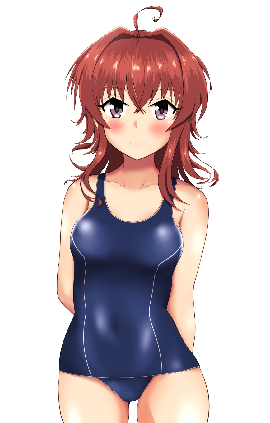 1girl ahoge arashi_(kantai_collection) arms_behind_back ass_visible_through_thighs blue_swimsuit blush breasts collarbone covered_navel embarrassed haoto_(arnica_leaf) highres kantai_collection looking_at_viewer medium_hair messy_hair old_school_swimsuit one-piece_swimsuit redhead school_swimsuit simple_background small_breasts solo standing swimsuit violet_eyes wavy_mouth white_background