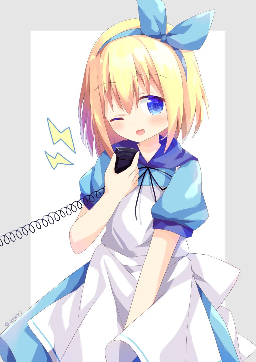 1girl ;d apron bangs black_ribbon blonde_hair blue_dress blue_eyes blue_hairband blue_ribbon blush commentary_request dress eyebrows_visible_through_hair grey_background hair_between_eyes hair_ribbon hairband highres holding hood hood_down hooded_dress lightning_bolt nakkar neck_ribbon one_eye_closed open_mouth original puffy_short_sleeves puffy_sleeves ribbon short_sleeves smile solo twitter_username two-tone_background white_apron white_background