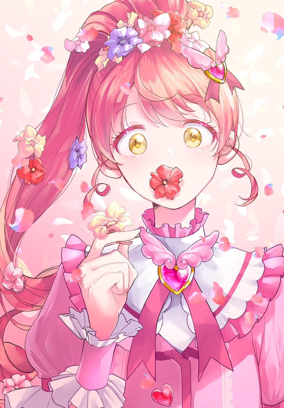 1girl commentary flower flower_in_mouth flower_request gem hair_flower hair_ornament heart heart_bow heart_hair_ornament high_ponytail highres holding holding_flower idol kani_aruki_(bucket_crawl) long_hair looking_at_viewer petals pretty_(series) pripara puffy_short_sleeves puffy_sleeves redhead shiratama_mikan short_sleeves solo upper_body wing_hair_ornament wrist_cuffs yellow_eyes