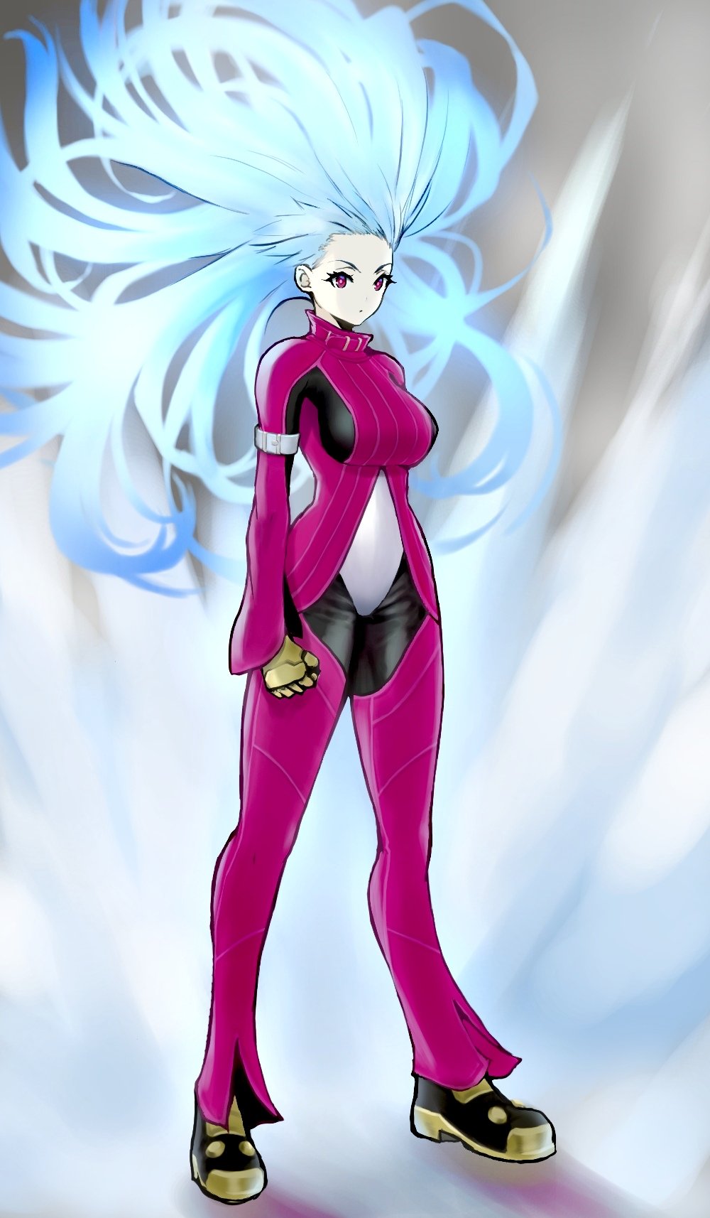 1girl anagumasan belt blue_hair bodysuit breasts full_body gloves highres kula_diamond long_hair looking_at_viewer medium_breasts simple_background the_king_of_fighters violet_eyes white_background