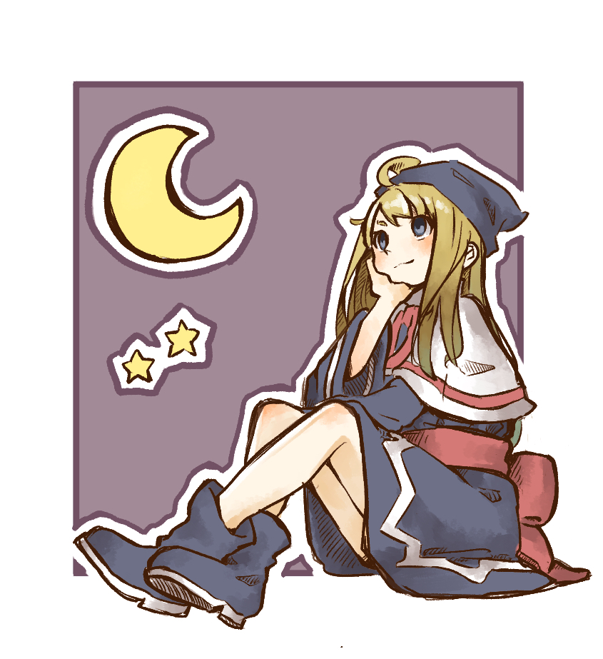 1girl blonde_hair blue_dress blue_eyes blue_footwear blue_headwear boots capelet closed_mouth crescent_moon crossed_ankles dress full_body hand_on_own_face hat long_hair long_sleeves looking_up madou_monogatari moon nishikuromori pink_ribbon puyopuyo ribbon sash sitting smile solo star_(symbol) straight_hair white_capelet wide_sleeves witch_(puyopuyo)