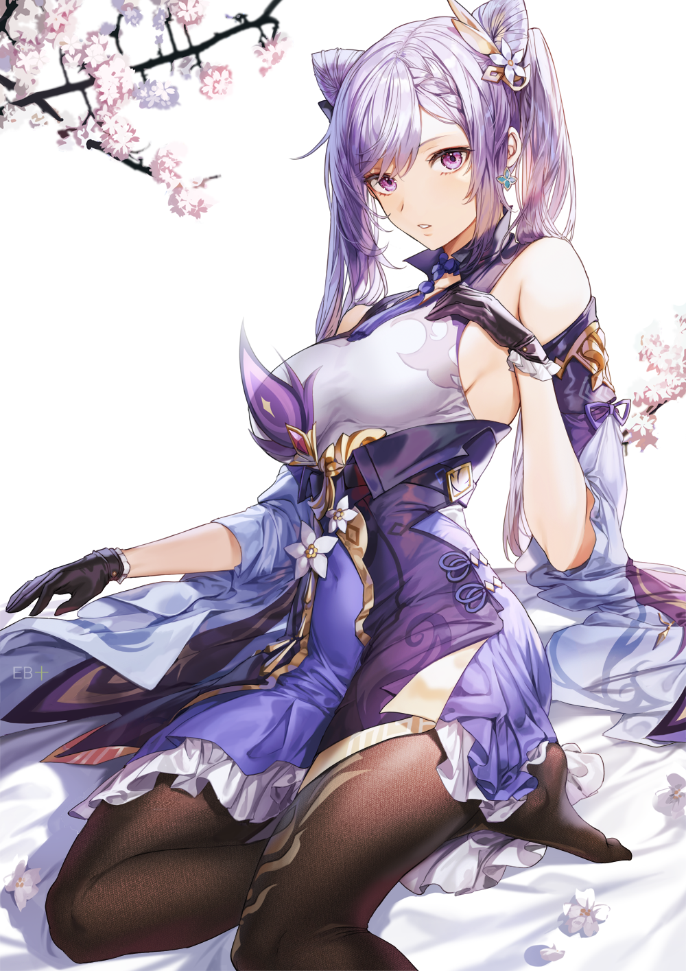 1girl bare_shoulders black_gloves breasts brown_legwear cherry_blossoms choker detached_sleeves dress earrings fine_fabric_emphasis genshin_impact gloves hair_ears hair_ornament hand_on_own_chest highres jewelry keqing_(genshin_impact) kim_eb long_hair looking_at_viewer medium_breasts no_shoes pantyhose parted_lips purple_dress purple_hair sidelocks simple_background sitting solo tree_branch twintails violet_eyes white_background