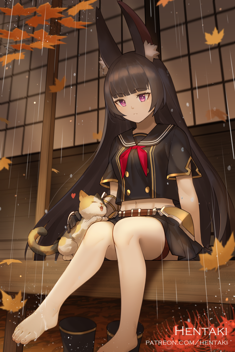 1girl animal animal_ear_fluff animal_ears artist_name autumn_leaves bangs barefoot black_footwear black_hair black_sailor_collar black_serafuku black_shirt black_skirt boots_removed breasts cat commentary crop_top dragalia_lost english_commentary eyebrows_visible_through_hair flower gauntlets heart hentaki highres leaf linnea_(dragalia_lost) long_hair maple_leaf midriff navel neckerchief pleated_skirt rabbit_ears rain red_flower red_neckwear sailor_collar school_uniform serafuku shirt single_gauntlet sitting skirt small_breasts solo spider_lily very_long_hair violet_eyes watermark web_address