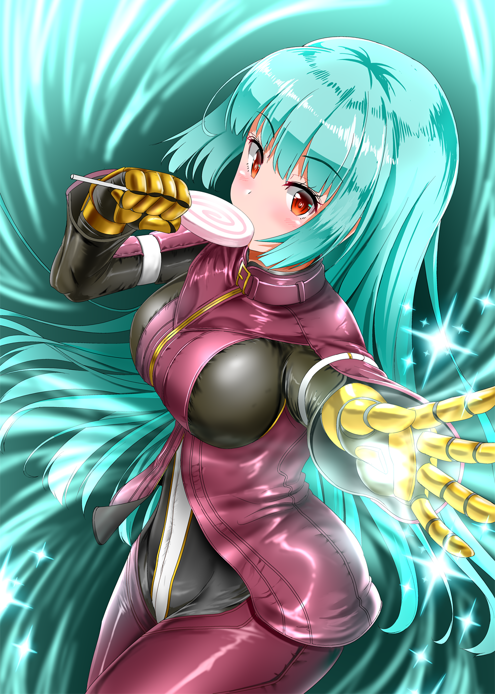 1girl belt blue_hair bodysuit breasts candy eyebrows_visible_through_hair food gloves highres honda_takaharu kula_diamond lollipop long_hair looking_at_viewer medium_breasts simple_background snk the_king_of_fighters violet_eyes