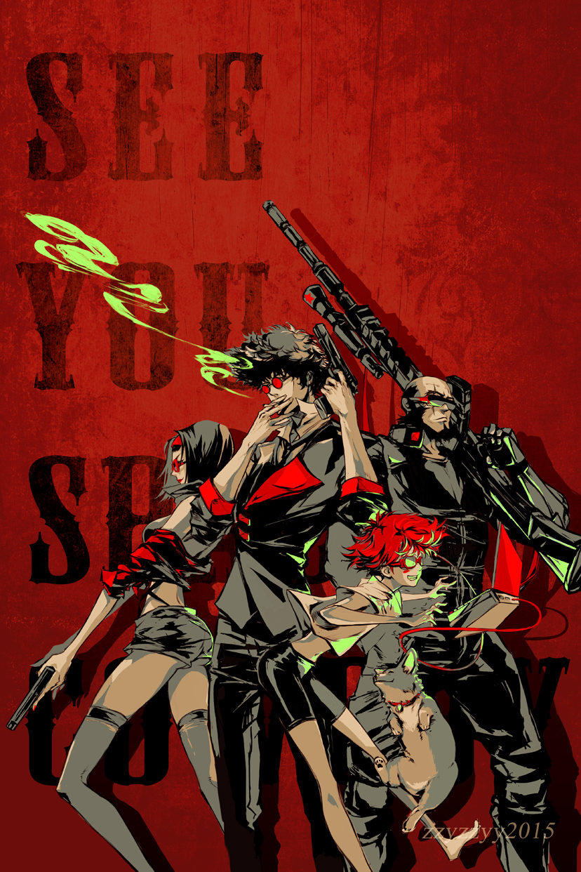 2boys 2girls animal animal_collar bald bare_shoulders barefoot beard bike_shorts black_hair blush_stickers breasts cable cigarette collar collared_shirt commentary cowboy_bebop dog edward_wong_hau_pepelu_tivrusky_iv ein_(cowboy_bebop) english_commentary english_text facial_hair faye_valentine formal goggles grin gun hairband handgun hands_up highres holding holding_cigarette holding_gun holding_weapon imi_jericho jacket jet_black jumping leg_up lipstick looking_at_viewer looking_to_the_side loose_necktie makeup medium_breasts midriff mouth_hold multiple_boys multiple_girls navel necktie over_shoulder pants red-tinted_eyewear red_background red_hairband red_lipstick red_theme redhead rifle round_eyewear shirt short_hair short_shorts shorts signature smile smoke smoking spike_spiegel standing standing_on_one_leg star_(symbol) suit sunglasses teeth thigh-highs weapon weapon_over_shoulder welsh_corgi zzyzzyy