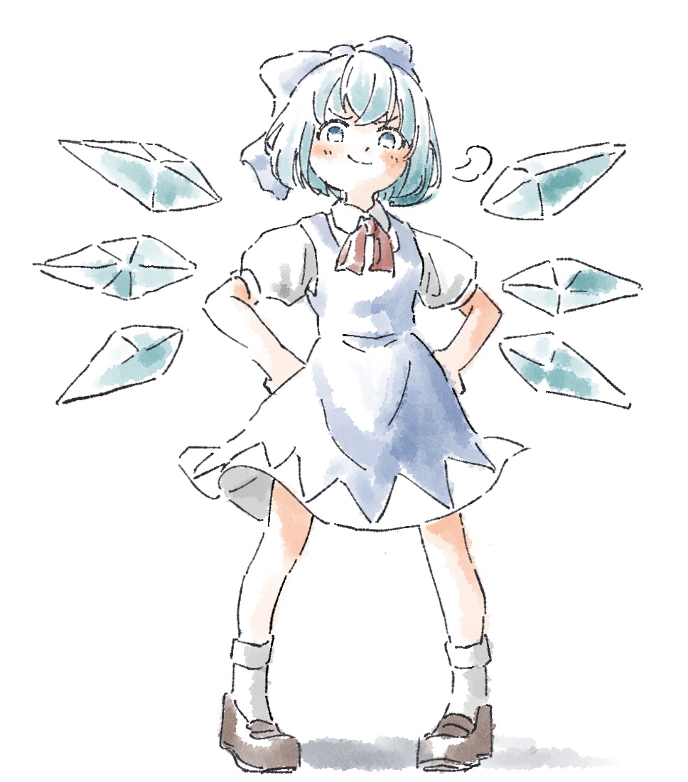 1girl bangs blue_bow blue_dress blue_eyes blue_hair bobby_socks bow brown_footwear cirno closed_mouth detached_wings dress fairy full_body hair_bow hands_on_hips ice ice_wings legs_apart loafers looking_at_viewer nishikuromori no_pupils pigeon-toed puffy_short_sleeves puffy_sleeves red_ribbon ribbon shadow shoes short_hair short_sleeves smile socks solo standing touhou v-shaped_eyebrows white_legwear wings