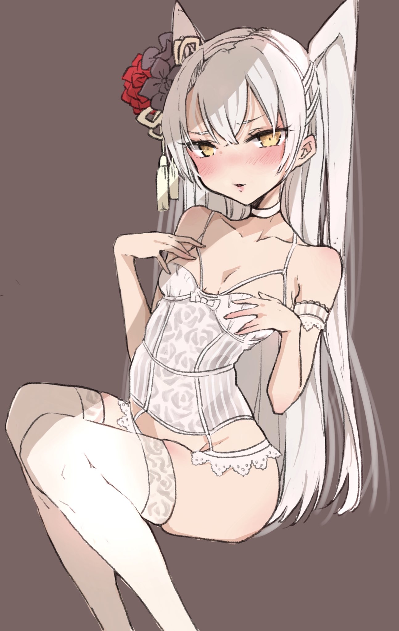 1girl alternate_costume amatsukaze_(kantai_collection) breasts brown_eyes chigasaki_y collarbone corset feet_out_of_frame flower garter_straps grey_background hair_flower hair_ornament highres kantai_collection lingerie long_hair looking_at_viewer silver_hair simple_background sitting small_breasts solo thigh-highs two_side_up underwear white_legwear