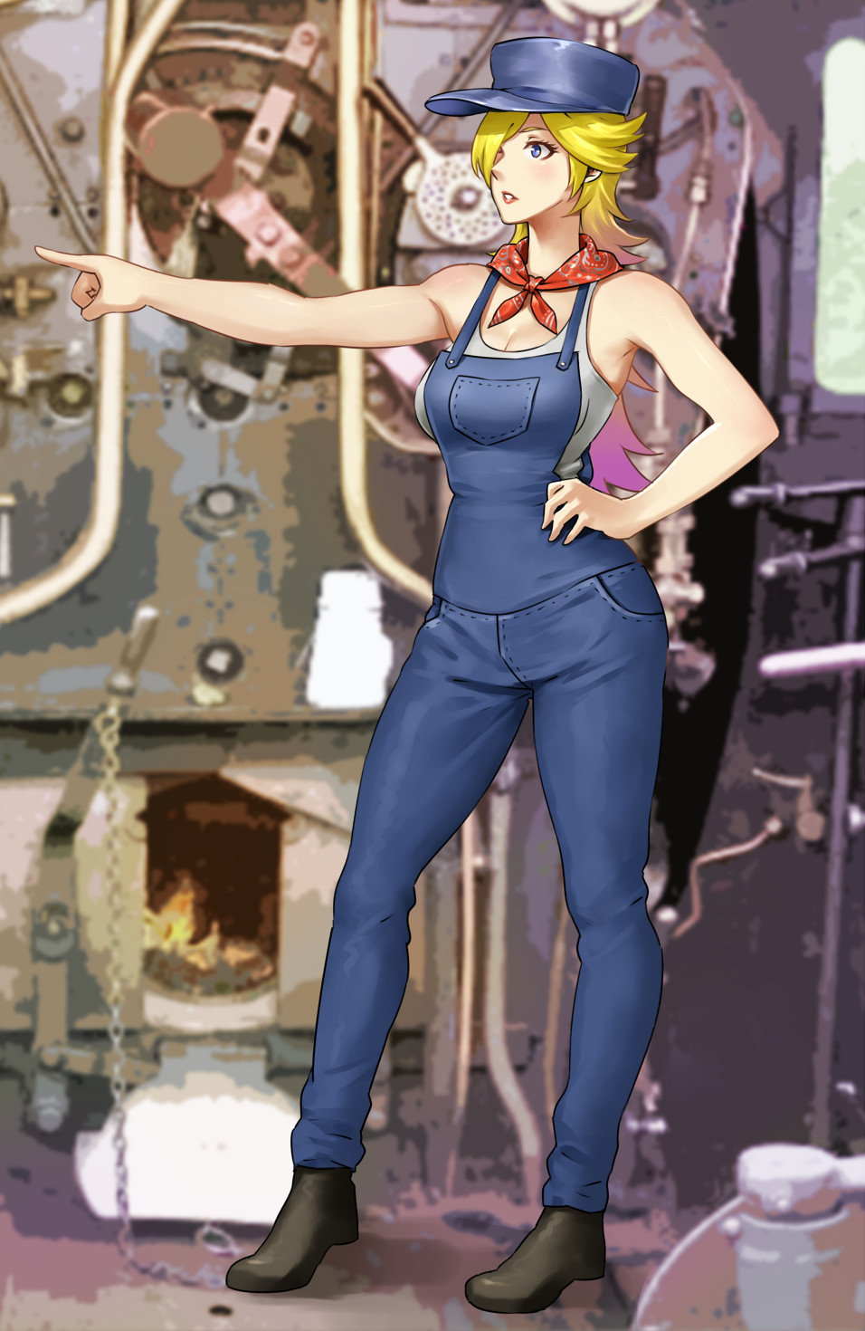 1girl alternate_costume arm_up armpits bandana bare_shoulders breasts chain commission full_body hand_on_hip hat highres igni_tion large_breasts lever looking_to_the_side super_mario_bros. overalls pointing rosalina