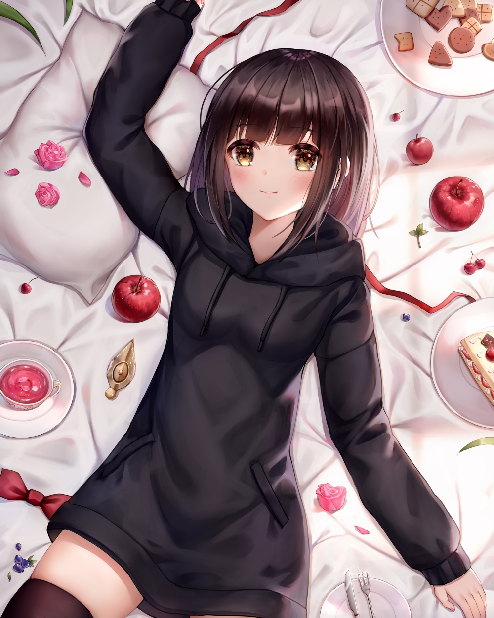 1girl apple arm_up bangs bed_sheet black_hoodie black_legwear blueberry blunt_bangs blush borrowed_character breasts brown_eyes brown_hair cake cake_slice cherry closed_mouth cookie cup drawstring eyebrows_visible_through_hair flower food fork fruit heart highres hood hood_down hoodie knife linz_(linzimmm) long_sleeves looking_at_viewer lying medium_breasts nanase_kurumi_(menhera-chan) on_back on_bed original petals pillow pink_flower pink_rose plate rose rose_petals saucer smile solo tea teacup thigh-highs zettai_ryouiki