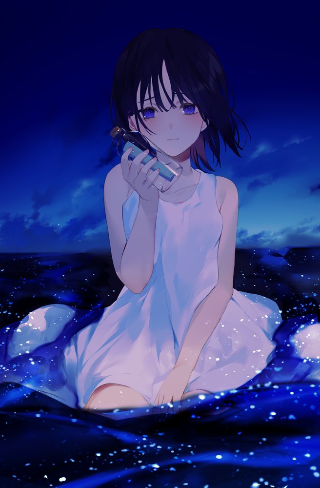 1girl achiki bare_shoulders between_legs black_hair blue_eyes blush bottle breasts closed_mouth clouds collarbone commentary_request dress eyebrows_behind_hair hair_between_eyes hand_between_legs holding holding_bottle message_in_a_bottle night night_sky original partially_submerged short_hair sitting sky small_breasts solo tearing_up water white_dress