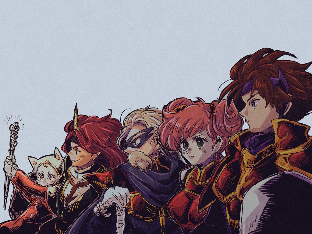 2boys 3girls animal_ears armor beads blonde_hair blue_mage brown_eyes brown_hair butz_klauser cat_ears china_dress chinese_clothes double_bun dress facial_hair fake_animal_ears faris_scherwiz final_fantasy final_fantasy_v galuf_halm_baldesion gloves green_eyes grey_hair hair_bun horns knight_(final_fantasy) krile_mayer_baldesion lenna_charlotte_tycoon long_hair looking_afar mask monk_(final_fantasy) multiple_boys multiple_girls pauldrons pink_hair purple_hair robe saito_piyoko shield short_hair shoulder_armor simple_background single_horn staff summoner_(final_fantasy) white_gloves white_hood white_mage