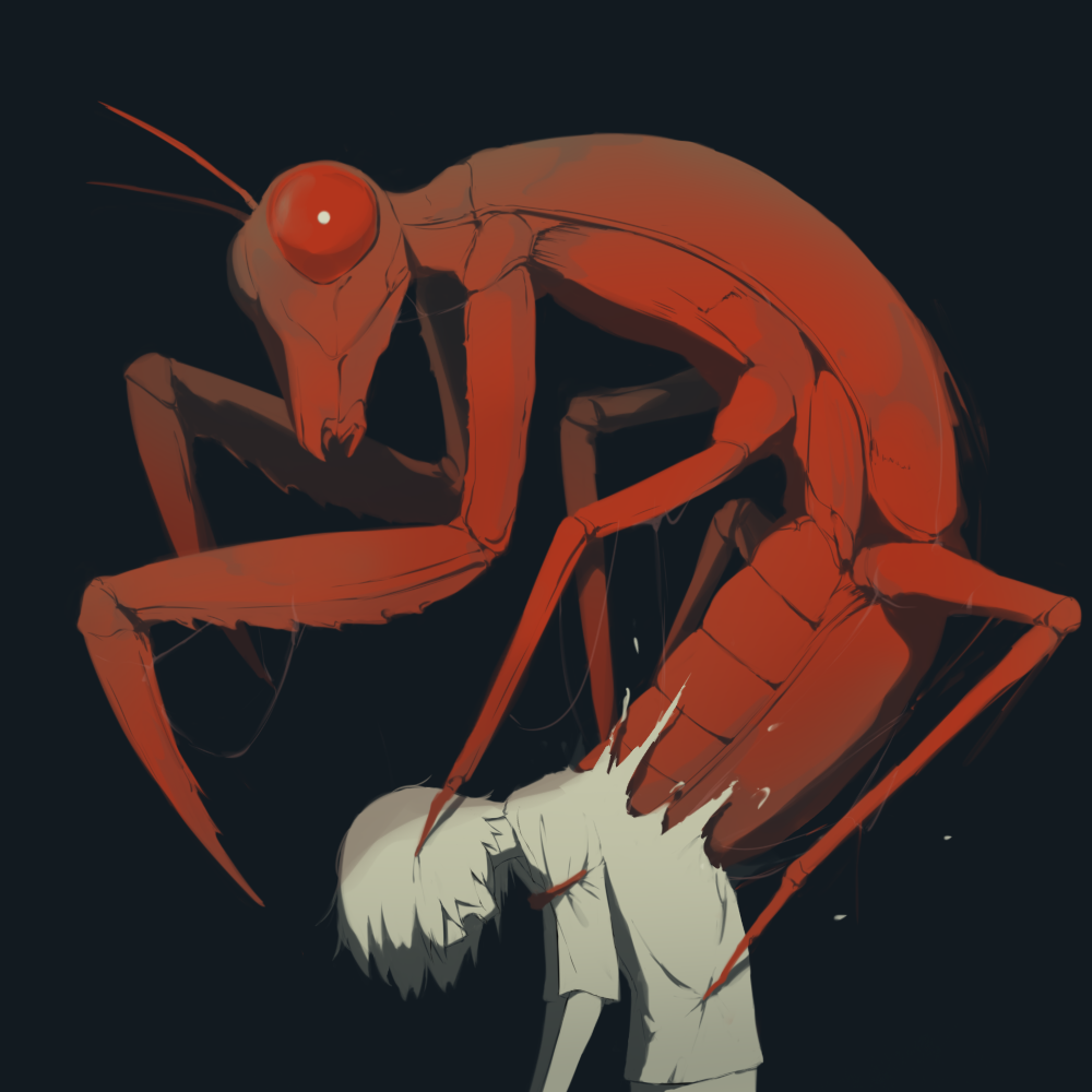 1boy avogado6 black_background from_side horror_(theme) looking_at_viewer looking_to_the_side monster open_mouth original praying_mantis red_theme shirt short_sleeves simple_background white_hair white_shirt