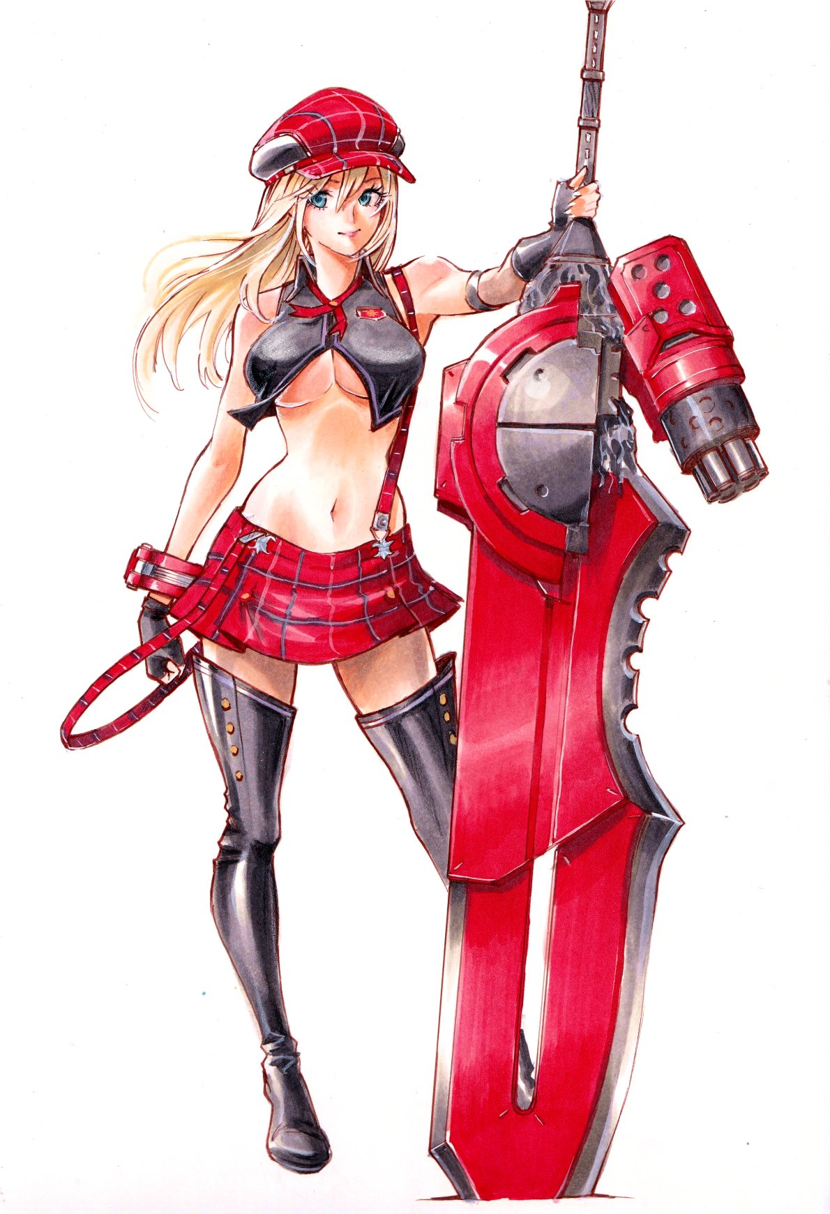 1girl alisa_ilinichina_amiella bangs bare_shoulders black_footwear blonde_hair blue_eyes boots bracelet breasts clenched_hand closed_mouth commentary fingerless_gloves full_body gloves god_eater hat highres holding holding_weapon huge_weapon jewelry large_breasts lips long_hair midriff miniskirt navel pantyhose rodrigo_yoshimiya simple_background skirt sleeveless smile solo standing stomach suspender_skirt suspenders sword thigh-highs thigh_boots under_boob weapon white_background