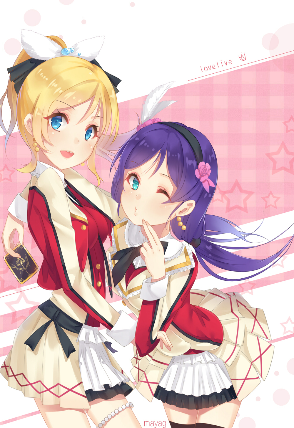 2girls :d ayase_eli bangs between_fingers black_hairband blonde_hair blue_eyes card closed_mouth cropped_jacket eyebrows_visible_through_hair flower hair_flower hair_ornament hairband high_ponytail highres holding holding_card jacket long_hair long_sleeves love_live! love_live!_school_idol_project low_twintails maya_g multiple_girls one_eye_closed open_clothes open_jacket open_mouth parted_bangs pink_background pink_flower pink_rose plaid plaid_background pleated_skirt ponytail purple_hair red_jacket red_shirt rose shirt skirt smile starry_background toujou_nozomi twintails very_long_hair white_skirt