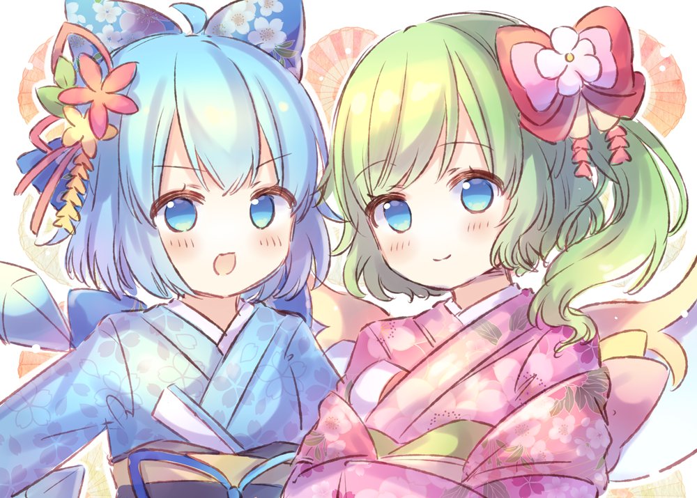 2girls :d ahoge alternate_costume blue_bow blue_eyes blue_hair blue_kimono blue_ribbon blush bow cirno closed_mouth daiyousei eyebrows_visible_through_hair fairy_wings fan floral_print flower green_hair hair_bow hair_flower hair_ornament ice ice_wings japanese_clothes kimono looking_at_viewer multiple_girls one_side_up open_mouth pink_bow pink_kimono pjrmhm_coa ribbon shawl short_hair simple_background smile touhou upper_body v-shaped_eyebrows white_background wide_sleeves wings