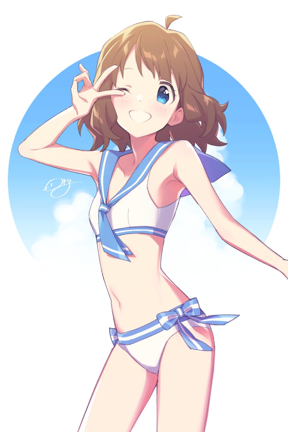 1girl ;d agata_(agatha) ahoge bare_arms bare_shoulders bikini blue_eyes blue_sailor_collar blue_sky brown_hair clouds commentary_request highres idolmaster idolmaster_million_live! looking_at_viewer navel neckerchief one_eye_closed open_mouth sailor_bikini sailor_collar sailor_swimsuit_(idolmaster) short_hair sky smile solo suou_momoko swimsuit v white_bikini