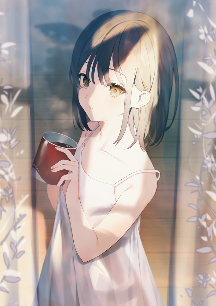 1girl achiki bangs bare_arms bare_shoulders black_hair blurry blurry_background blurry_foreground brown_eyes brown_hair closed_mouth collarbone commentary_request cup curtains depth_of_field dress eyebrows_visible_through_hair flower hair_between_eyes hand_up holding holding_cup medium_hair original shadow sleeveless sleeveless_dress solo spaghetti_strap transparent white_dress wooden_floor