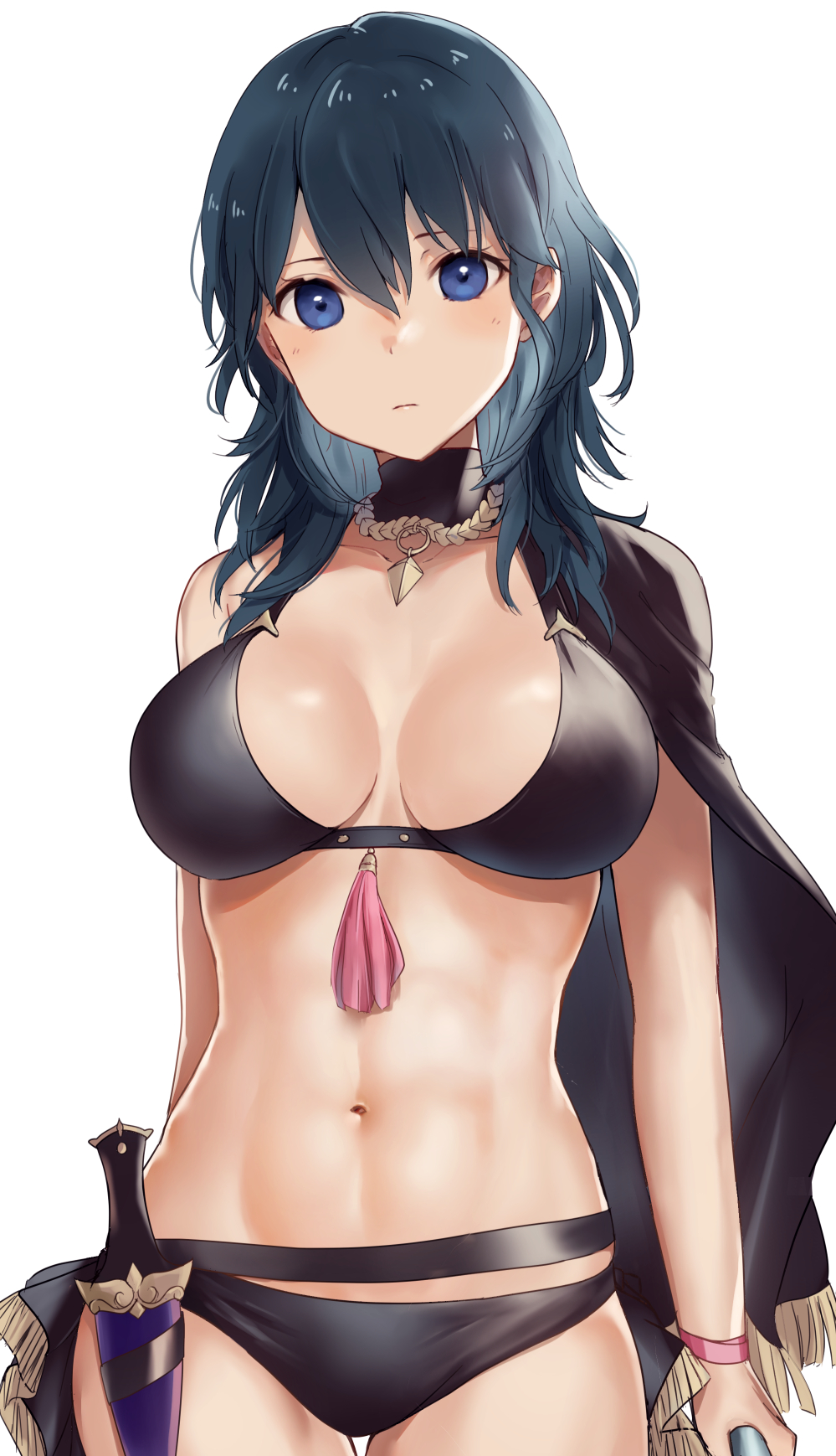 1girl abs arm_at_side arm_behind_back bikini black_cape black_hair blue_eyes breasts breasts_apart byleth_(fire_emblem) byleth_eisner_(female) cape closed_mouth collarbone cowboy_shot dagger expressionless fire_emblem fire_emblem:_three_houses fire_emblem_heroes hair_between_eyes haru_(nakajou-28) highres holding large_breasts long_hair looking_at_viewer navel simple_background solo stomach swimsuit tassel toned weapon white_background wristband