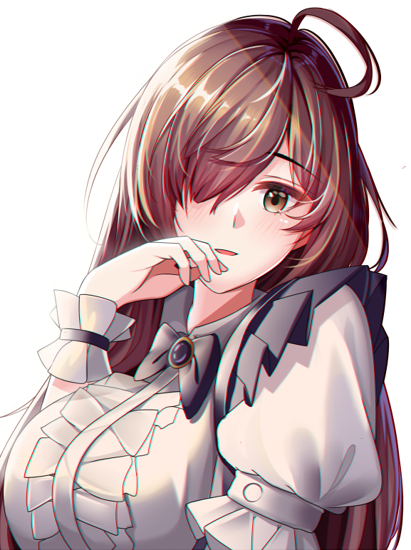 1girl black_neckwear blush bow bowtie breasts brown_eyes brown_hair hair_over_one_eye hand_to_own_mouth huge_breasts kono_subarashii_sekai_ni_shukufuku_wo! long_hair looking_at_viewer r3d shirt simple_background solo upper_body white_background white_shirt wiz_(konosuba) wrist_cuffs