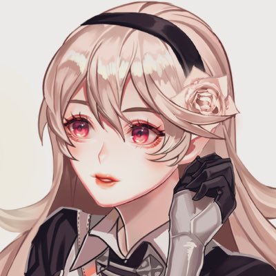 1girl bangs collared_shirt corrin_(fire_emblem) corrin_(fire_emblem)_(female) fire_emblem fire_emblem_fates fire_emblem_heroes flower hair_flower hair_ornament hairband hand_up looking_at_viewer lowres ochakunn open_mouth pointy_ears red_eyes shirt smile solo upper_body white_hair