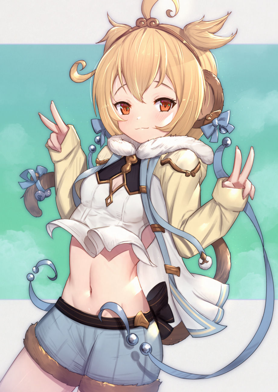 1girl andira_(granblue_fantasy) animal_ears bangs blonde_hair blue_shorts breasts circlet closed_mouth commentary crop_top double_v eyebrows_behind_hair fur-trimmed_shorts fur_trim granblue_fantasy hands_up highres long_sleeves looking_at_viewer monkey_ears monkey_girl monkey_tail navel red_eyes shirt short_shorts shorts sleeves_past_wrists small_breasts smile solo symbol_commentary tail two_side_up uneg v white_shirt