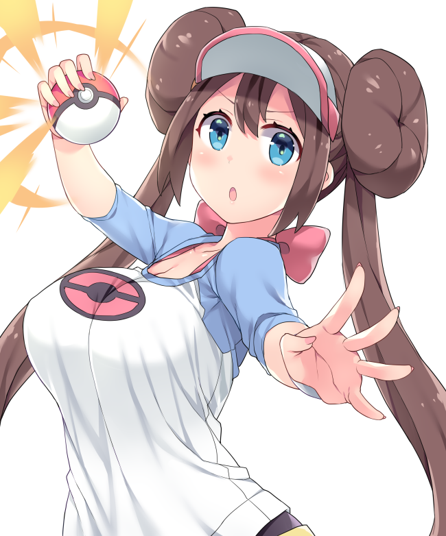 1girl amane_hasuhito bangs blue_eyes blush bow breasts brown_hair collarbone commentary double_bun eyelashes fingernails holding holding_poke_ball large_breasts long_hair looking_at_viewer open_mouth pink_bow pink_nails poke_ball poke_ball_(basic) pokemon pokemon_(game) pokemon_bw2 raglan_sleeves rosa_(pokemon) shirt sidelocks solo spread_fingers twintails upper_body visor_cap