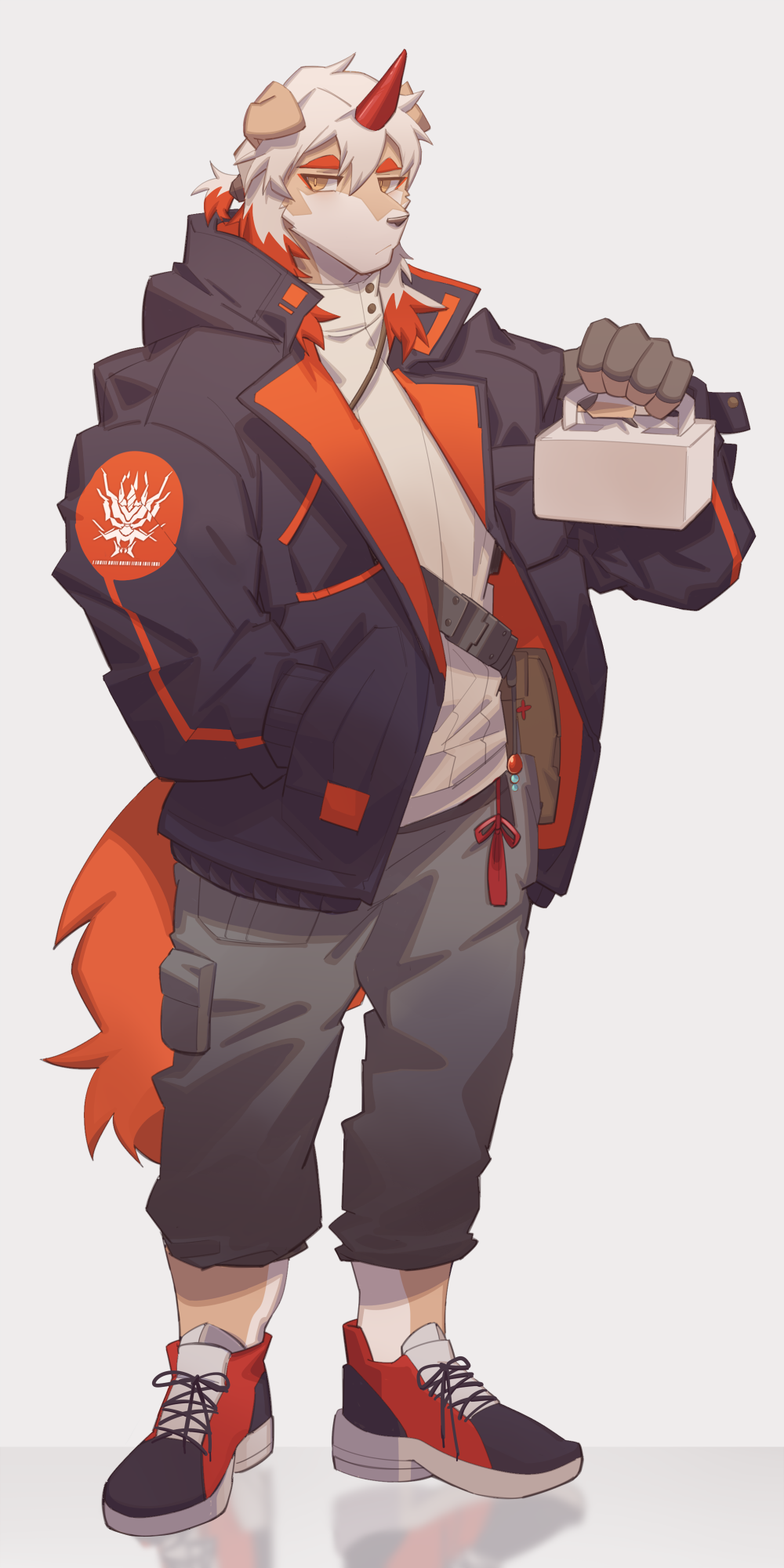 1boy :/ animal_ears arknights bangs brown_fur casual dog_boy dog_ears dog_tail full_body furry hachi_duchi highres horns hung_(arknights) jacket male_focus medium_hair multicolored_hair open_clothes open_jacket orange_hair pants shoes single_horn solo streaked_hair tail two-tone_fur white_background white_fur white_hair yellow_eyes