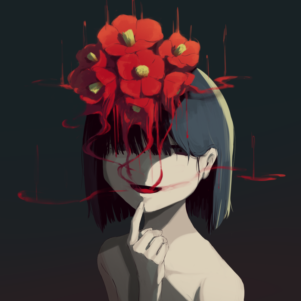 androgynous avogado6 black_background black_hair brown_eyes fingernails flower gradient gradient_background hand_up looking_at_viewer medium_hair nude original pale_skin red_flower smile solo