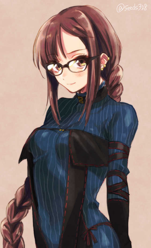 1girl arm_strap black_dress black_gloves blue_dress blush braid braided_ponytail breasts brown_eyes brown_hair center_opening choker closed_mouth consort_yu_(fate) covered_navel dress earrings elbow_gloves fate/grand_order fate_(series) glasses gloves jewelry layered_dress long_hair long_sleeves medium_breasts multiple_earrings ribbed_dress ribbon-trimmed_dress seeds328 single_braid smile very_long_hair