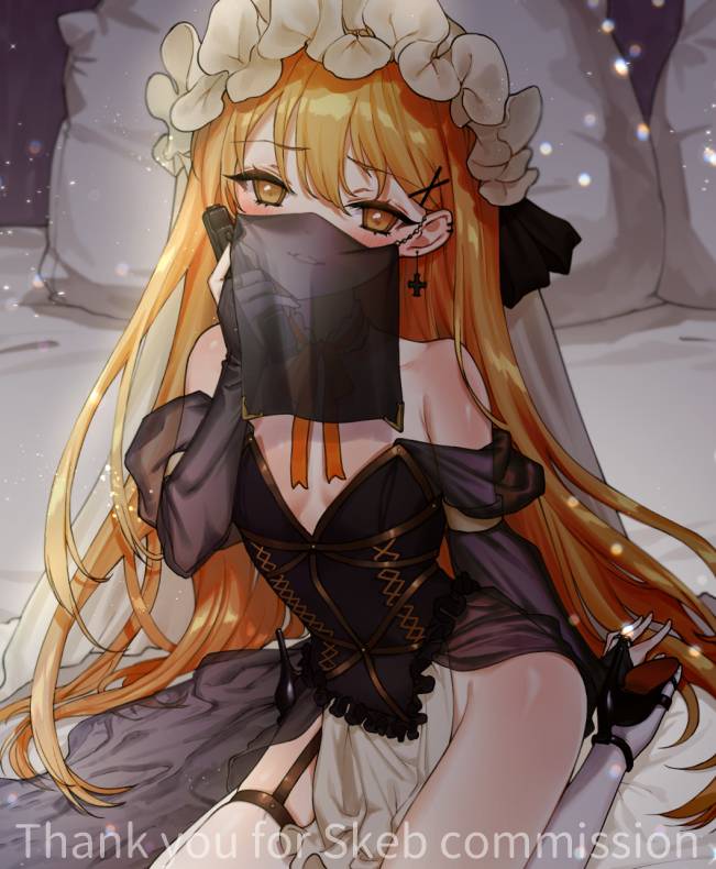 1girl adapted_costume bare_shoulders breasts choker collarbone commission cosplay cross cross_earrings earrings frilled_hairband frills girls_frontline gun hairband handgun high_heels jewelry kneeling long_hair no_panties on_bed parted_lips pelvic_curtain ppk_(girls_frontline) see-through single_garter_strap skeb_commission skindentation small_breasts smile solo thigh-highs tokarev_(griffin's_dancer)_(girls_frontline) tokarev_(griffin's_dancer)_(girls_frontline)_(cosplay) uhhgaoh veil very_long_hair walther walther_ppk weapon yellow_eyes