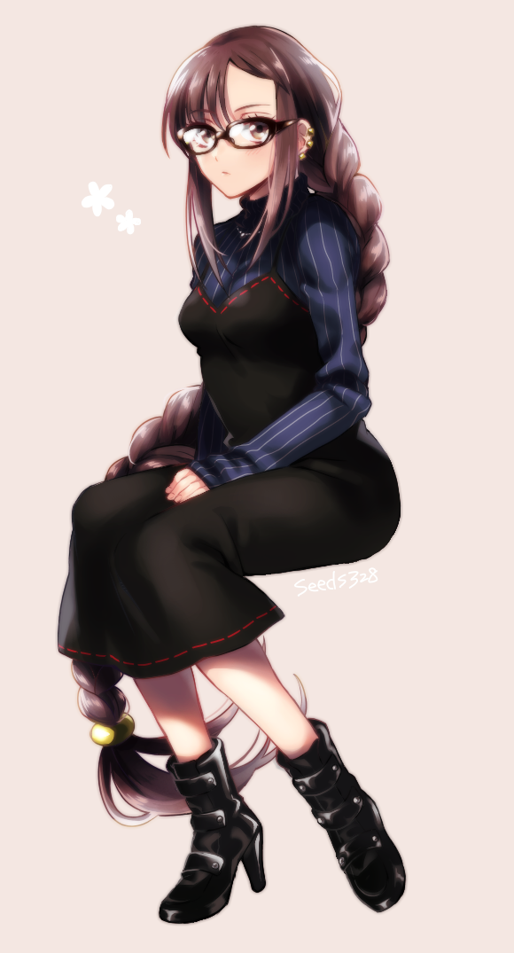 1girl black_dress black_footwear blue_sweater blush boots braid braided_ponytail breasts brown_eyes brown_hair consort_yu_(fate) contemporary dress earrings fate/grand_order fate_(series) glasses high_heel_boots high_heels jewelry long_hair long_sleeves medium_breasts multiple_earrings ribbed_sweater ribbon-trimmed_dress seeds328 single_braid sweater very_long_hair