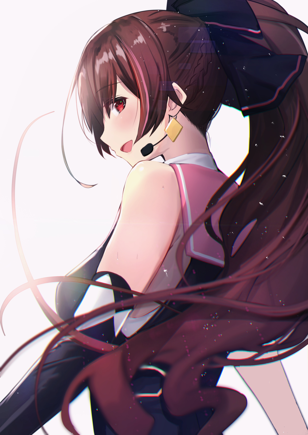 .live 1girl bangs bare_shoulders blush breasts brown_hair elbow_gloves from_behind gloves hair_between_eyes headset high_ponytail highres long_hair looking_at_viewer looking_back medium_breasts open_mouth red_eyes smile solo untue upper_body virtual_youtuber yaezawa_natori