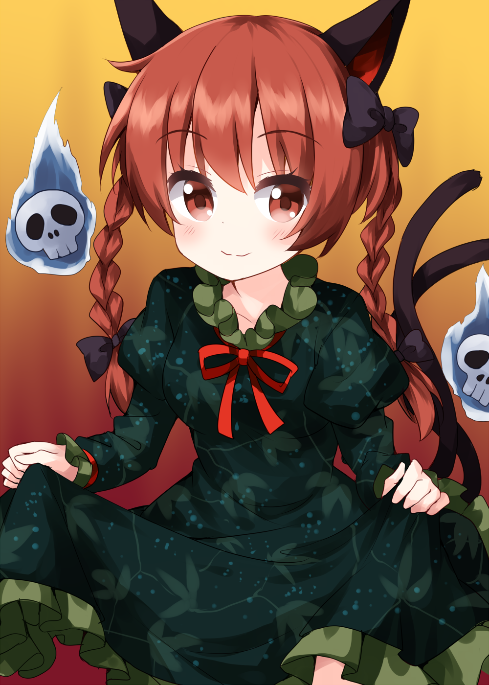 1girl animal_ears bangs black_bow black_tail bow braid cat_ears cat_tail closed_mouth dress eyebrows_visible_through_hair frilled_dress frills gradient gradient_background green_dress hair_bow highres hitodama holding holding_clothes holding_dress kaenbyou_rin long_sleeves looking_at_viewer medium_hair multiple_tails orange_eyes orange_hair red_neckwear red_ribbon ribbon ruu_(tksymkw) skull smile tail touhou twin_braids two_tails