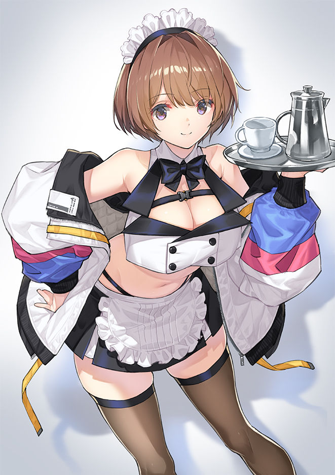 1girl apron bangs black_legwear black_neckwear black_panties black_skirt blue_eyes bow bowtie breasts brown_hair cleavage_cutout closed_mouth clothing_cutout coat collared_shirt commentary crop_top cup eyebrows_visible_through_hair grey_background holding holding_tray large_breasts leaning_forward long_sleeves looking_at_viewer maid maid_headdress miniskirt off_shoulder open_clothes open_coat original panties saitou_masatsugu saucer shadow shirt skindentation skirt sleeveless sleeveless_shirt smile solo standing string_panties teacup teapot thigh-highs tray underwear waist_apron white_coat wing_collar zipper