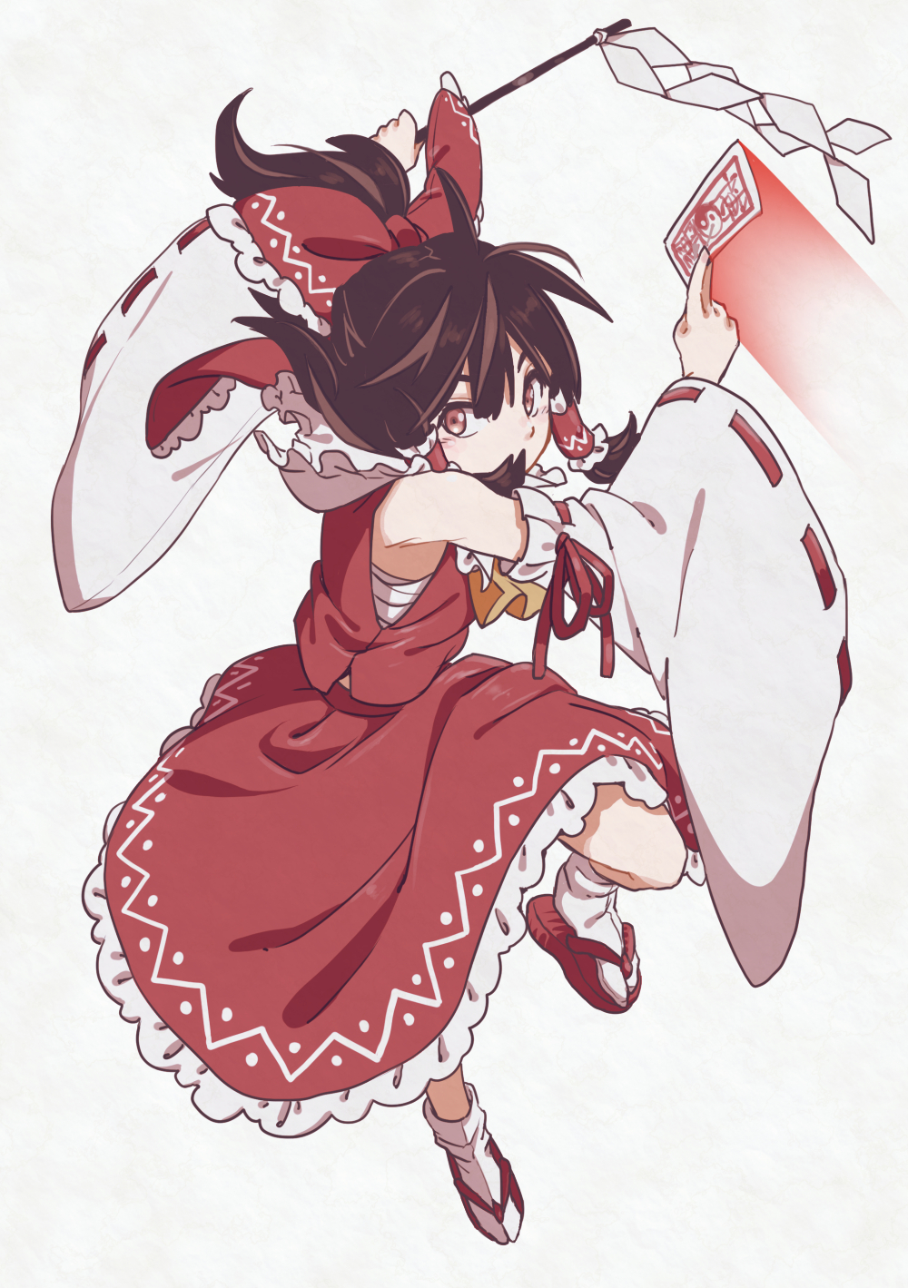 1girl bare_shoulders black_hair blush bow brown_eyes detached_sleeves frilled_skirt frills full_body gohei hair_between_eyes hair_bow hair_tubes hakurei_reimu highres holding inuno_rakugaki japanese_clothes long_hair nontraditional_miko ofuda red_bow red_skirt ribbon-trimmed_sleeves ribbon_trim sidelocks simple_background skirt solo touhou white_background wide_sleeves