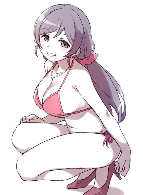 1girl bikini breasts clenched_teeth deyuuku eyebrows_visible_through_hair hair_ornament hair_scrunchie jewelry large_breasts long_hair looking_at_viewer love_live! love_live!_school_idol_project low_twintails necklace purple_hair red_bikini red_footwear red_scrunchie scrunchie shoes side-tie_bikini simple_background smile solo squatting swimsuit teeth toujou_nozomi twintails violet_eyes white_background