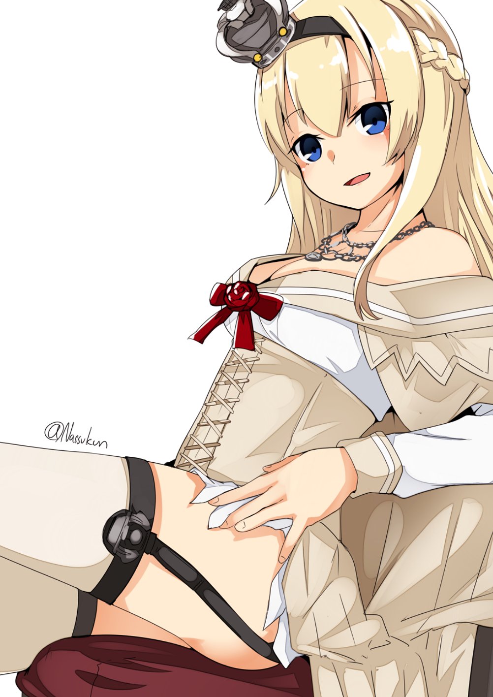 1girl blonde_hair blue_eyes braid corset cowboy_shot crown dress flower french_braid garter_straps highres kantai_collection long_hair long_sleeves looking_at_viewer mini_crown nassukun off-shoulder_dress off_shoulder red_flower red_ribbon red_rose ribbon rose simple_background sitting smile solo thigh-highs twitter_username warspite_(kantai_collection) white_background white_dress white_legwear