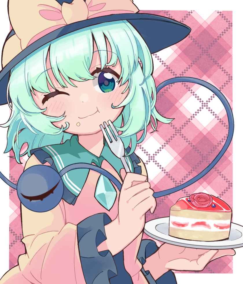 1girl ;t bangs black_headwear blush bow brown_bow brown_shirt cake cake_slice closed_mouth collared_shirt commentary_request eating eyebrows_visible_through_hair food food_on_face fork frilled_shirt_collar frilled_sleeves frills green_eyes green_hair hat hat_bow head_tilt holding holding_fork komeiji_koishi long_hair long_sleeves one_eye_closed plaid plaid_background red_background shirt solo third_eye touhou upper_body wide_sleeves yamase