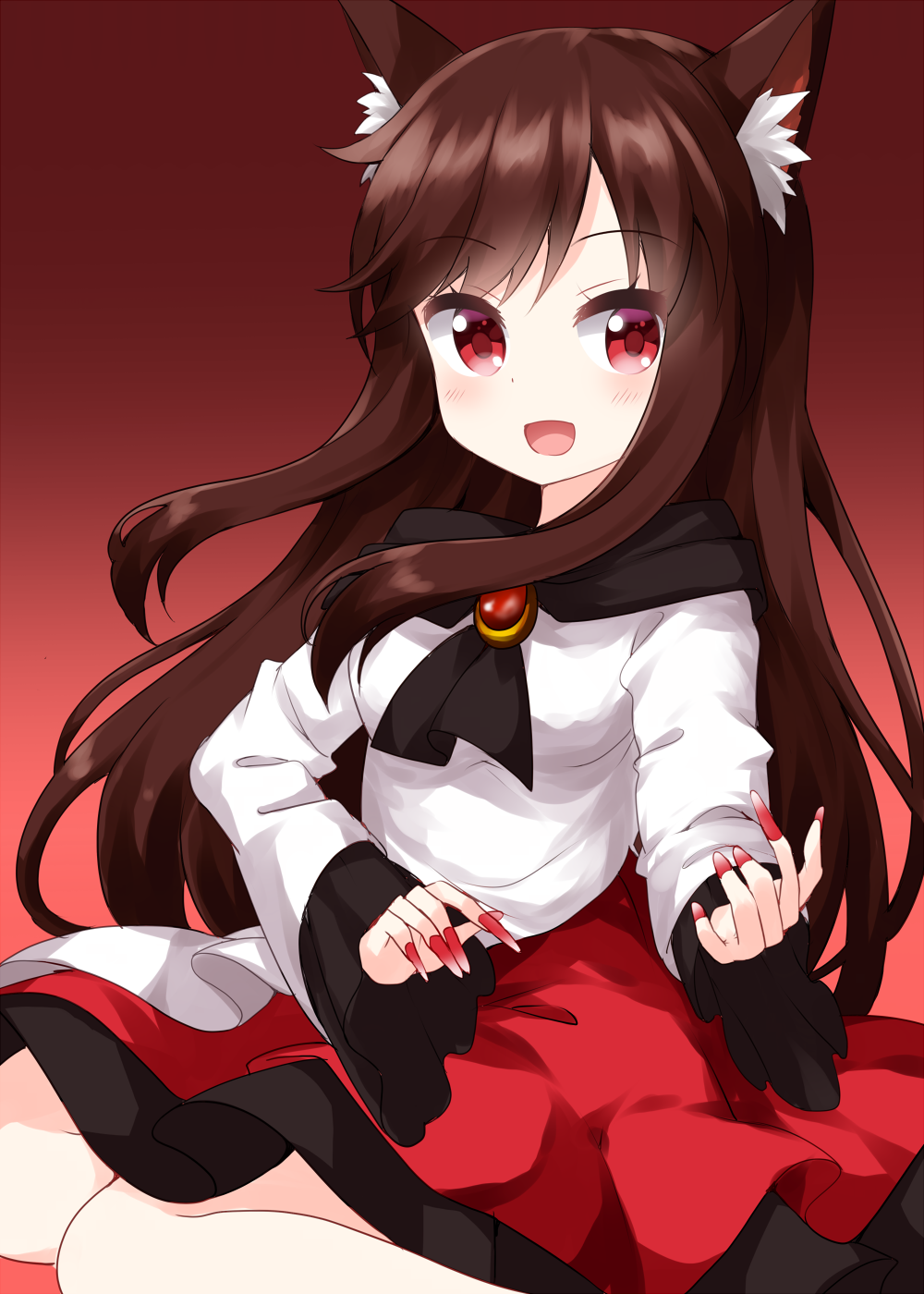 1girl animal_ears bangs brooch brown_hair dress eyebrows_visible_through_hair fingernails gradient gradient_background highres imaizumi_kagerou jewelry long_fingernails long_hair long_sleeves looking_at_viewer multicolored multicolored_clothes multicolored_dress open_mouth red_dress red_eyes red_nails ruu_(tksymkw) sitting smile solo touhou two-tone_dress white_dress wolf_ears