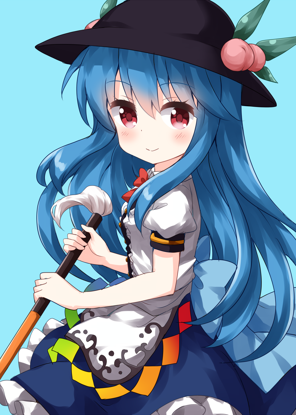 1girl bangs black_headwear blue_background blue_hair blue_skirt bow bowtie buttons closed_mouth eyebrows_visible_through_hair food fruit highres hinanawi_tenshi holding holding_sword holding_weapon leaf long_hair looking_at_viewer peach puffy_short_sleeves puffy_sleeves rainbow_gradient rainbow_order red_bow red_eyes red_neckwear ruu_(tksymkw) shirt short_sleeves simple_background skirt smile solo standing sword sword_of_hisou touhou weapon white_shirt