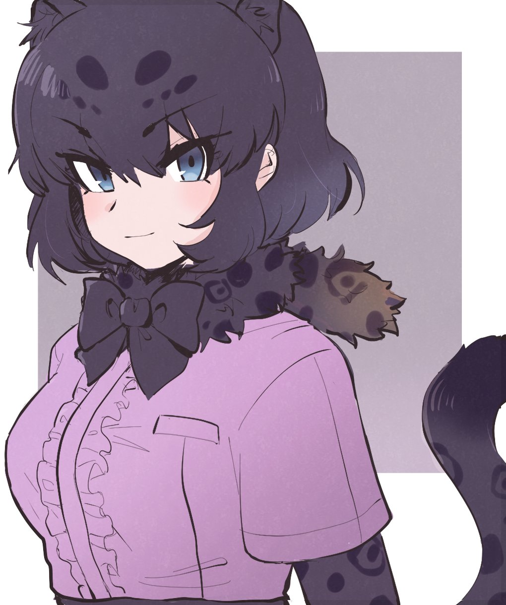 1girl animal_ears black_gloves black_hair black_jaguar_(kemono_friends) black_neckwear blue_eyes blush bow bowtie center_frills commentary elbow_gloves extra_ears eyebrows_visible_through_hair frills fur_collar gloves highres jaguar_ears jaguar_girl kemono_friends looking_at_viewer print_gloves purple_shirt shirt short_hair solo tmtkn1 upper_body