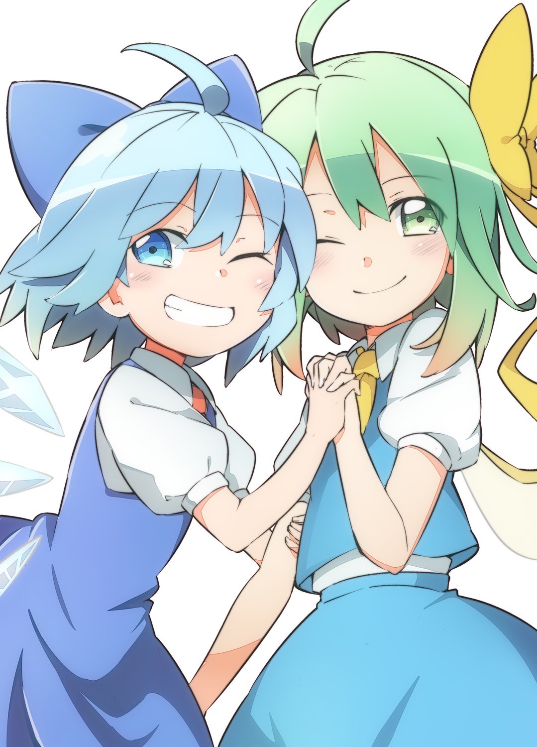 2girls ahoge ascot blouse blue_dress blue_eyes blue_hair blue_ribbon blue_skirt blue_vest blush bow cirno closed_mouth daiyousei dress dress_shirt eyebrows_visible_through_hair fairy fairy_wings green_eyes green_hair hair_bow happy highres holding_hands ice ice_wings multiple_girls puffy_short_sleeves puffy_sleeves ribbon shirt short_hair short_sleeves simple_background skirt teeth touhou vest white_background white_blouse white_shirt wings yellow_bow yellow_neckwear yutamaro