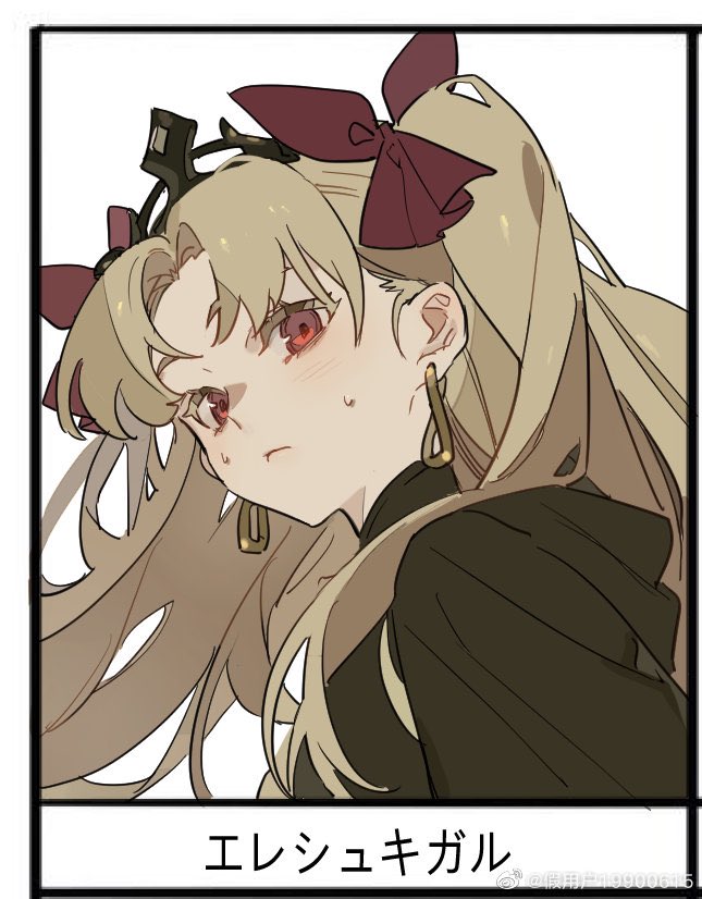 1girl bangs blonde_hair blush bow character_name close-up closed_mouth collar ear_piercing earrings ereshkigal_(fate/grand_order) fate/grand_order fate_(series) frame hair_bow hair_ornament jewelry long_hair looking_at_viewer parted_bangs piercing red_bow red_eyes simple_background solo sweat tiara upper_body white_background zhibuji_loom