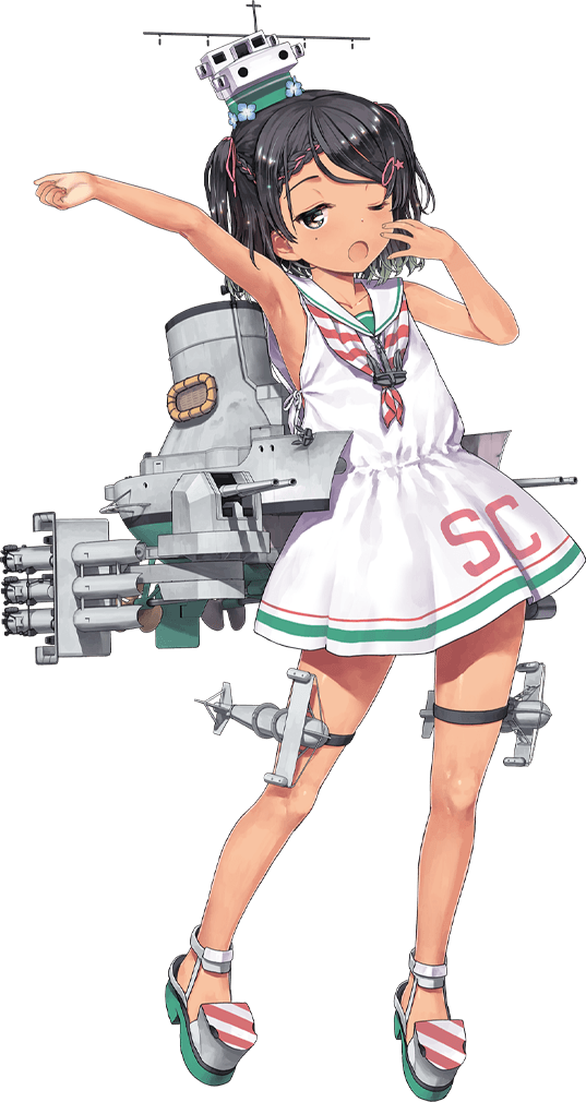 1girl black_eyes black_hair braid dress full_body jiji kantai_collection machinery neckerchief official_art one_eye_closed open_mouth rigging rudder_footwear sailor_collar sailor_dress scirocco_(kantai_collection) short_hair sleeveless sleeveless_dress solo transparent_background turret two_side_up white_dress white_sailor_collar