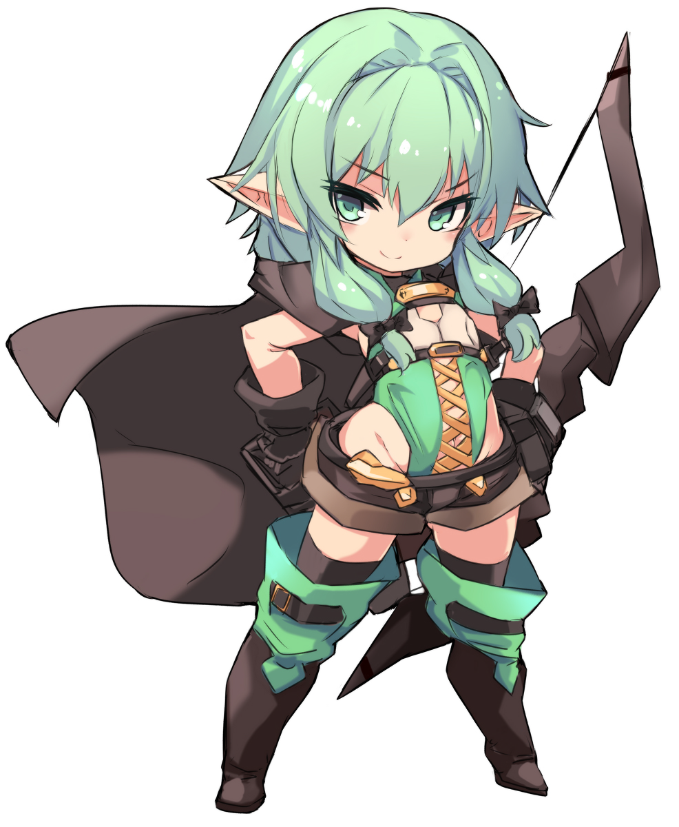 1girl bangs black_bow black_gloves boots bow bow_(weapon) chibi closed_mouth commentary_request elf flat_chest full_body gloves goblin_slayer! green_eyes green_hair groin hair_bow hand_on_hip high_elf_archer_(goblin_slayer!) highres holding holding_weapon karukan_(monjya) long_hair looking_at_viewer pointy_ears short_shorts shorts sidelocks simple_background smile solo standing thigh-highs thigh_boots weapon white_background