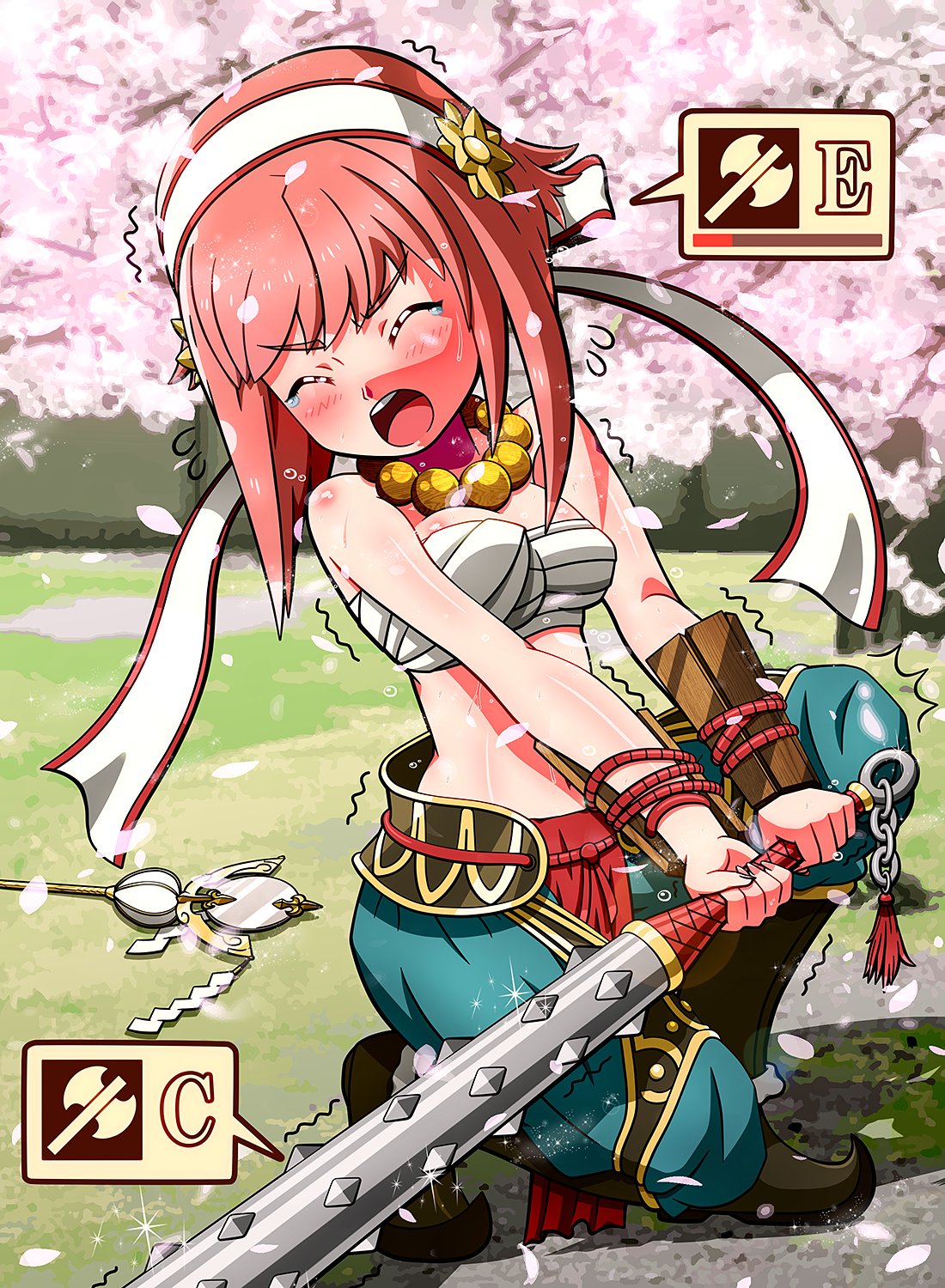 1girl alternate_costume bare_shoulders blush breasts cherry_blossoms closed_eyes club fire_emblem fire_emblem_fates fire_emblem_heroes grass highres holding holding_weapon misterror open_mouth outdoors petals sakura_(fire_emblem) small_breasts solo weapon